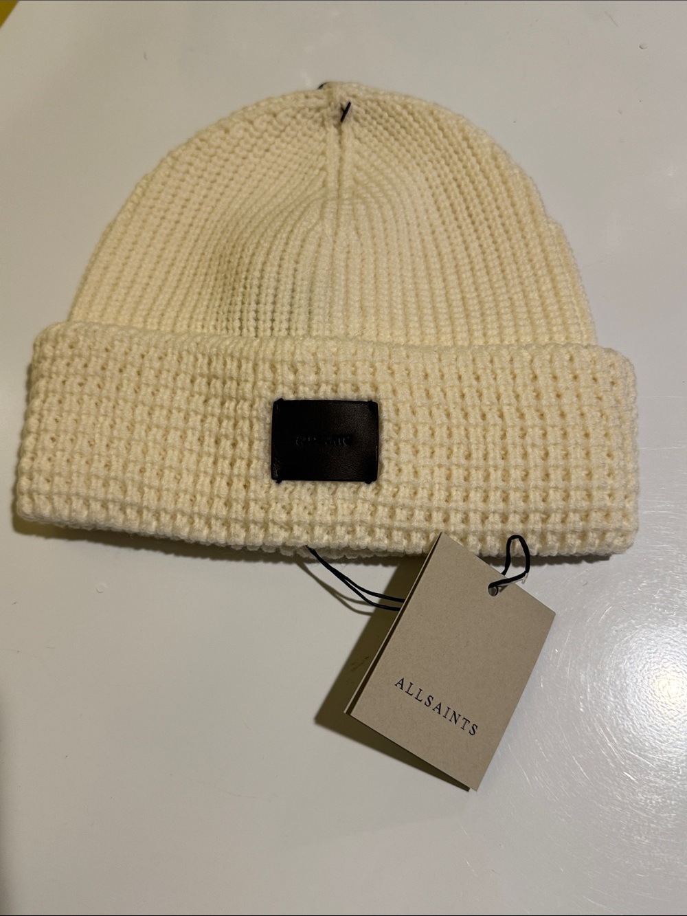 All Saints Cream Waffle Cuff Beanie